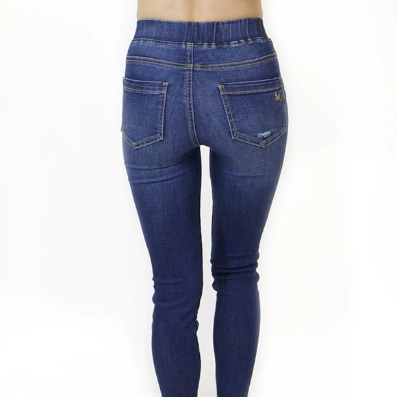 Distressed Mid-Rise Pull-On Denim (Washed Indigo) - Picture 5 of 12